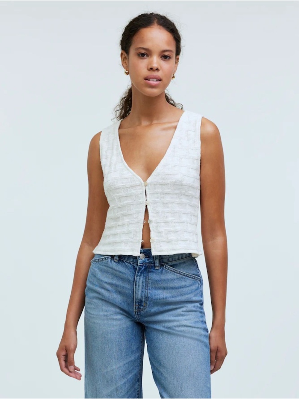 Madewell White Textured V-Neck Button Front Tank